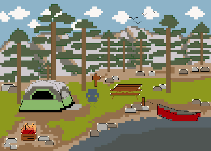 camping by the lake in a dome tent cross stitch pattern
