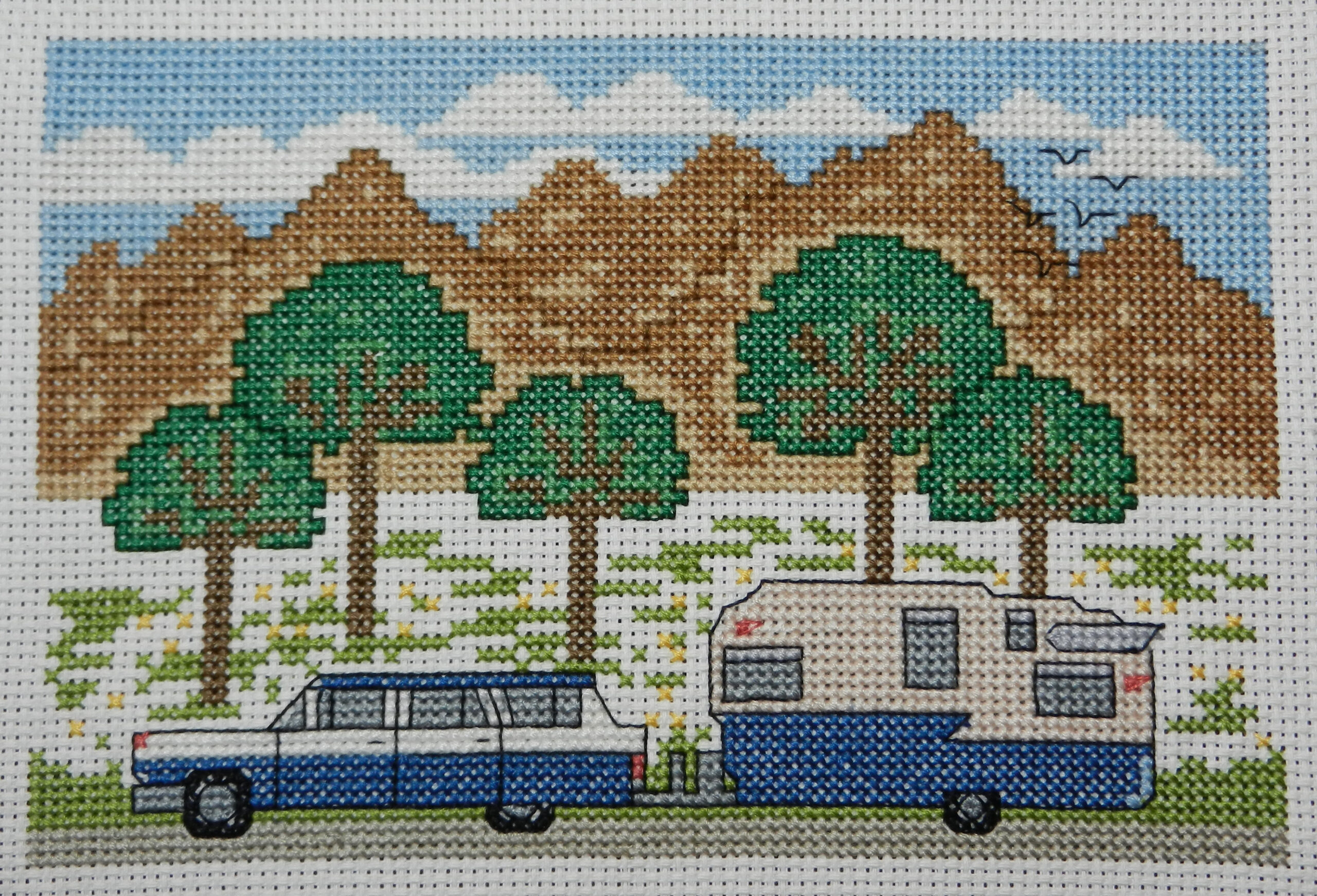 vintage car and trailer cross stitch pattern