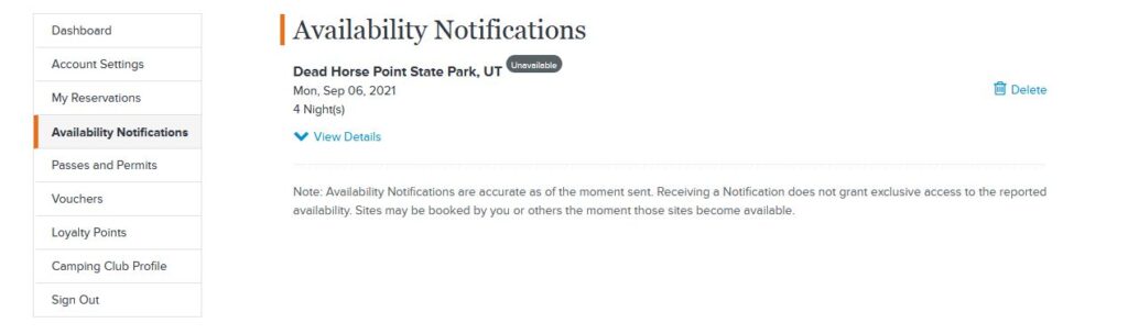 reserve america availability notification