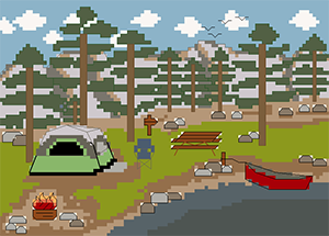 camping by the lake in a dome tent cross stitch pattern